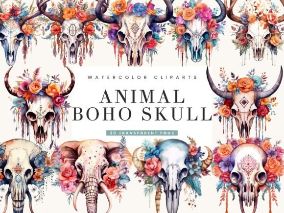 Download Watercolor Animal Boho Skull Clipart - Animal Collection