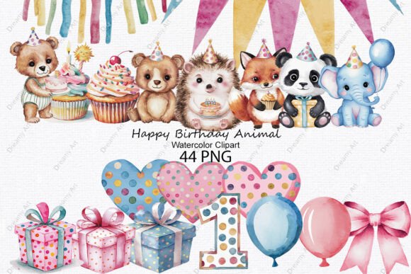 Download Happy Birthday Animal Watercolor Clipart - Animal Collection