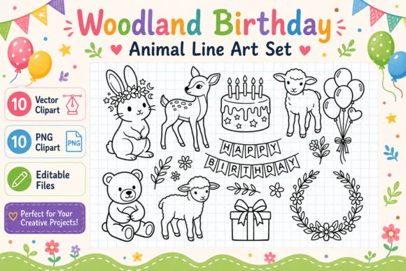 Download Woodland Birthday Animal Line Art Set - Animal Collection