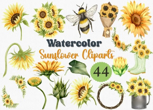Download Watercolor Sunflower Clipart Set, 44 PNG - Sunflower clipart set Collection