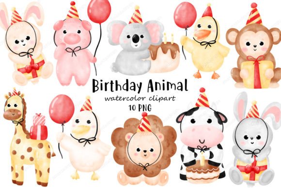 Download Happy Birthday Animal Watercolor Clipart - Animal Collection
