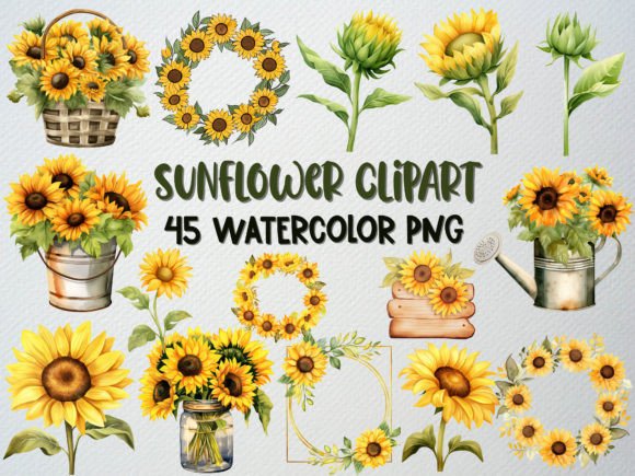 Download Watercolor Sunflower Clipart Set, 45 PNG - Sunflower clipart set Collection