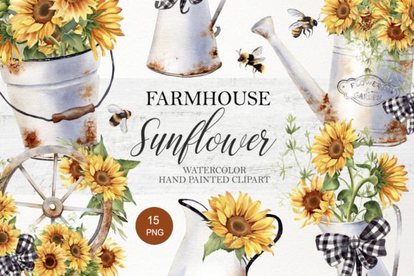 Download Watercolor Farmhouse Sunflower Clipart - Premium Bundle