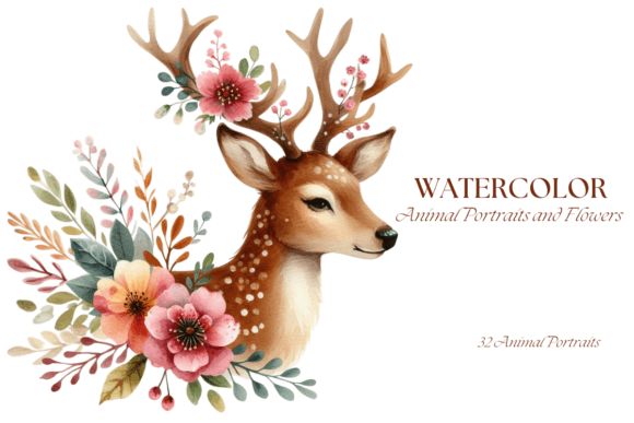 Download Watercolor Animal Portraits and Flowers - Animal Collection